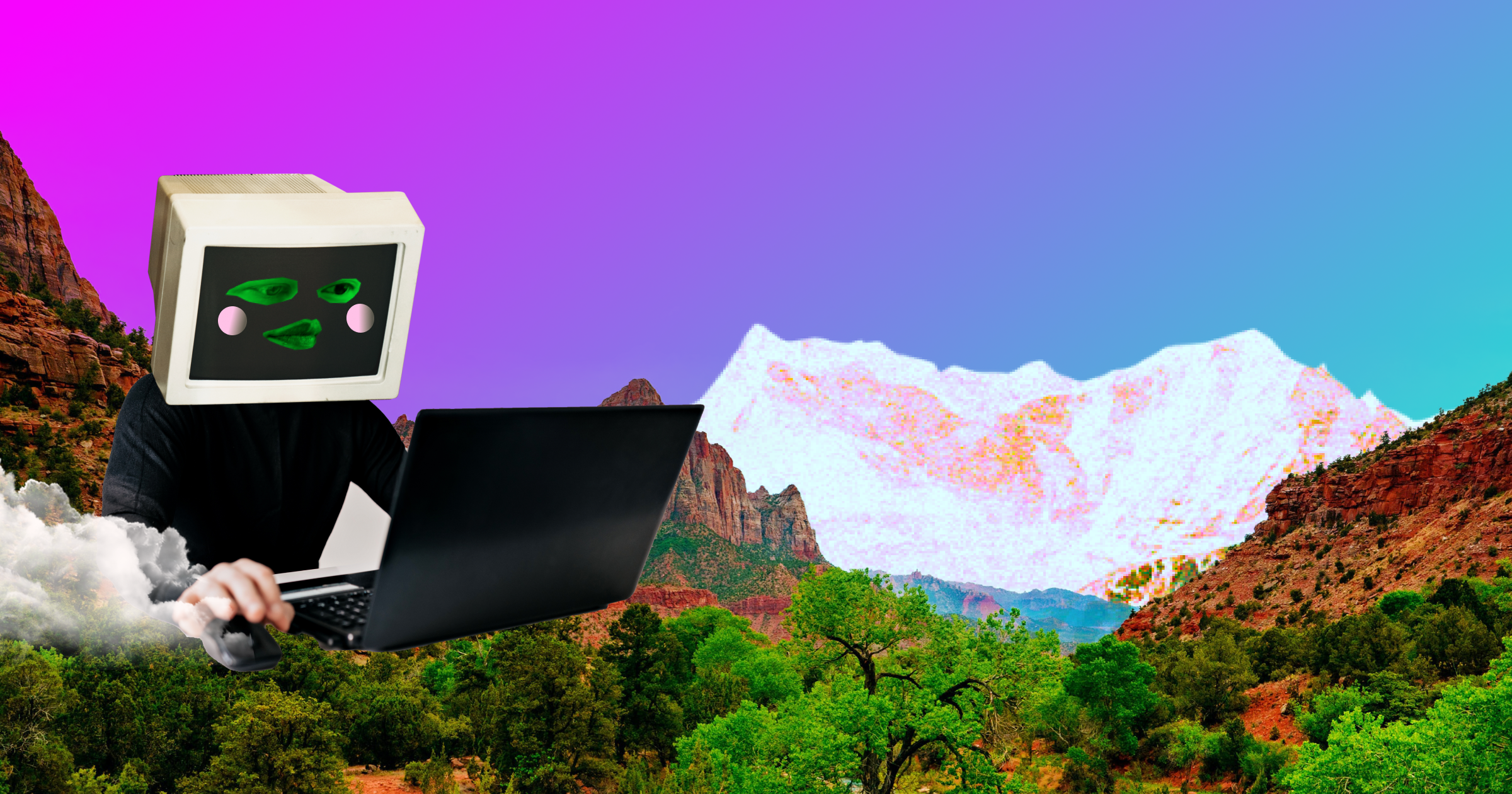 header image of a human with an old computer as their head doing work on a newer computer/laptop.