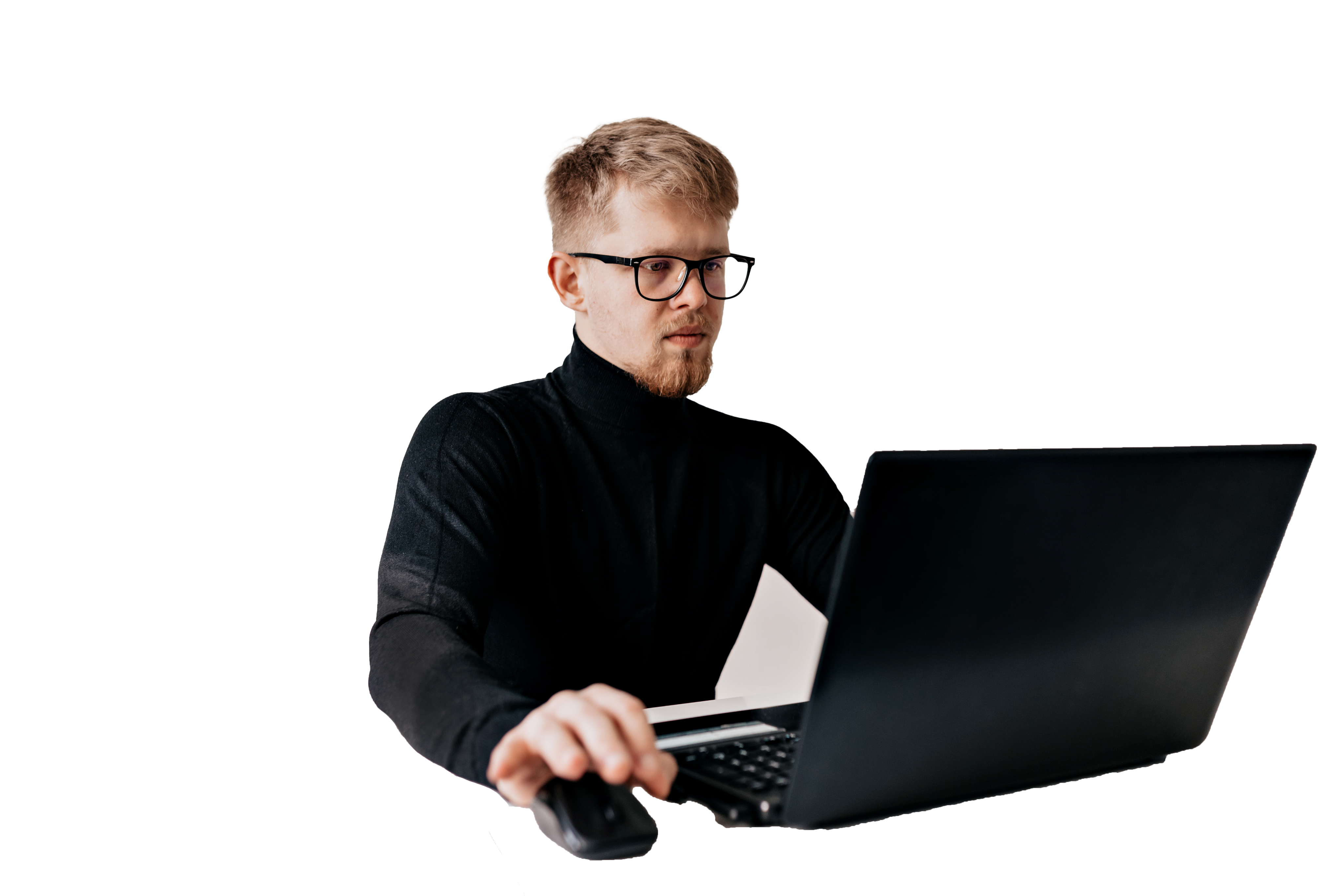 Abstract, collage style artwork depicting a person on a laptop. The person's head is replaced by a vintage computer monitor with a focused face on it's screen